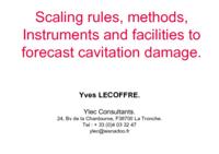 Scaling rules, methods, instruments and facilities to forecast cavitation damage